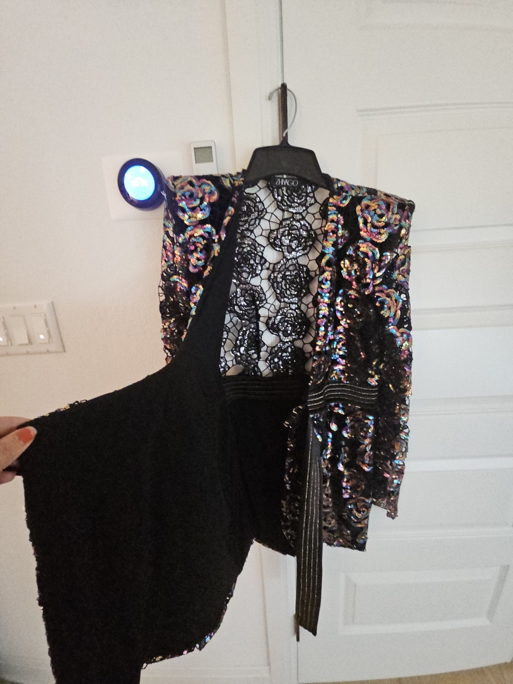 Black Sequin Rose Lace Dress with Multicolor Sparkle - Picture 4 of 7